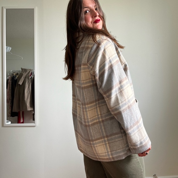 H&M cream tan coat with muted blue plaid - Picture 5 of 11